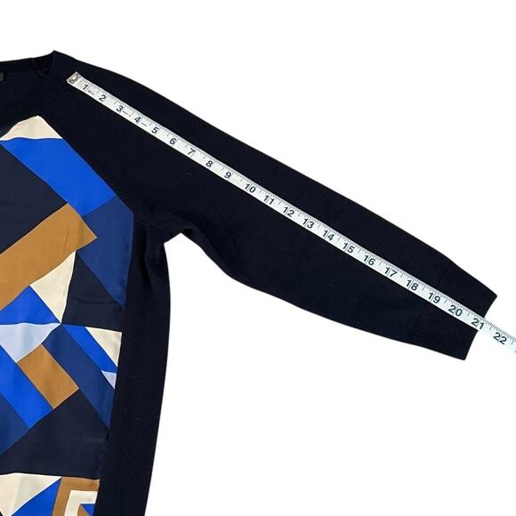 J.Crew Silk Front Merino Wool Sweater Size S | Blue Tan Geometric Print - Picture 7 of 10